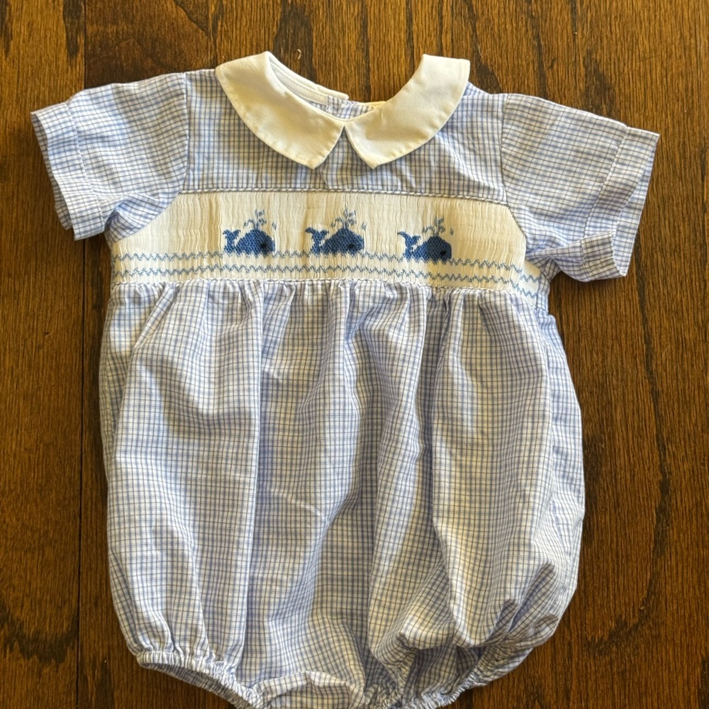 Baby Blue Smocked Baby Bubble with Embroidered Whales